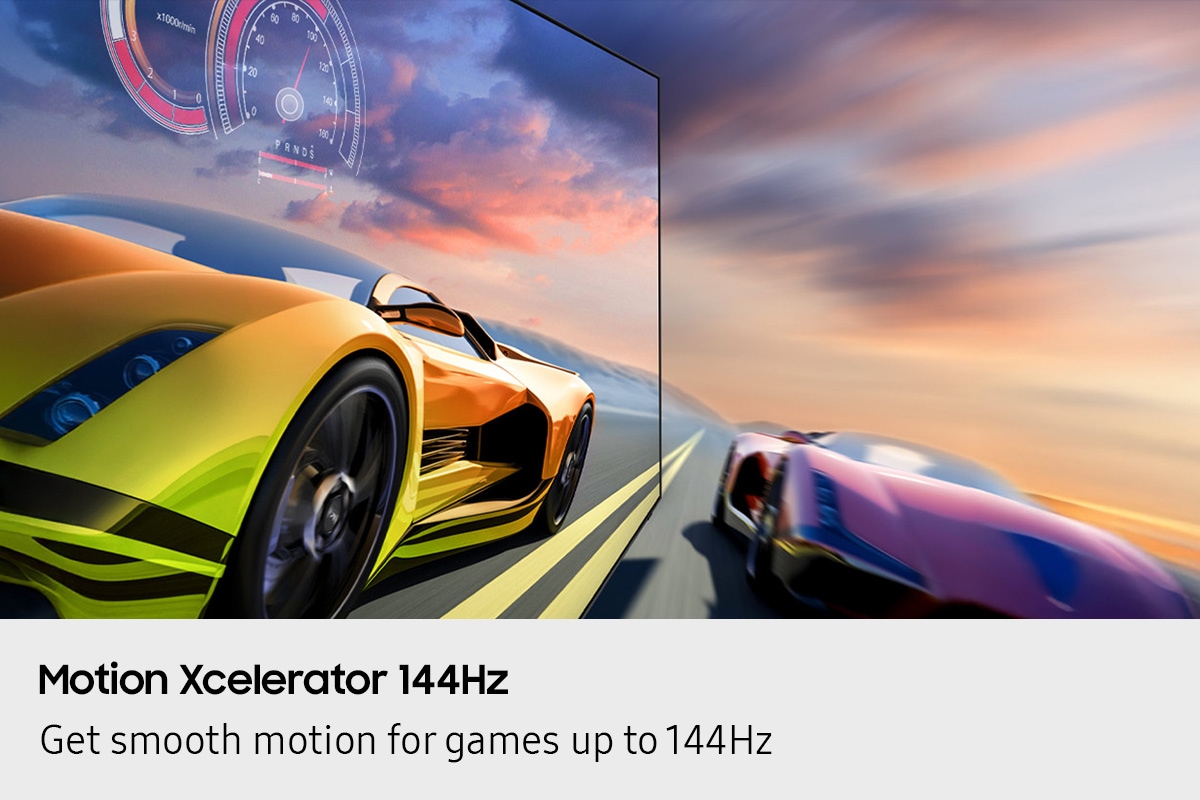 2 race cars are racing on a track. 1 looks clearer than the other and is going faster.