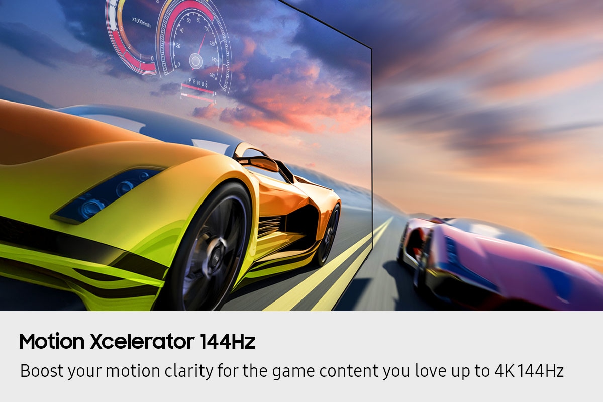 2 race cars are racing on a track. 1 looks clearer than the other and is going faster.