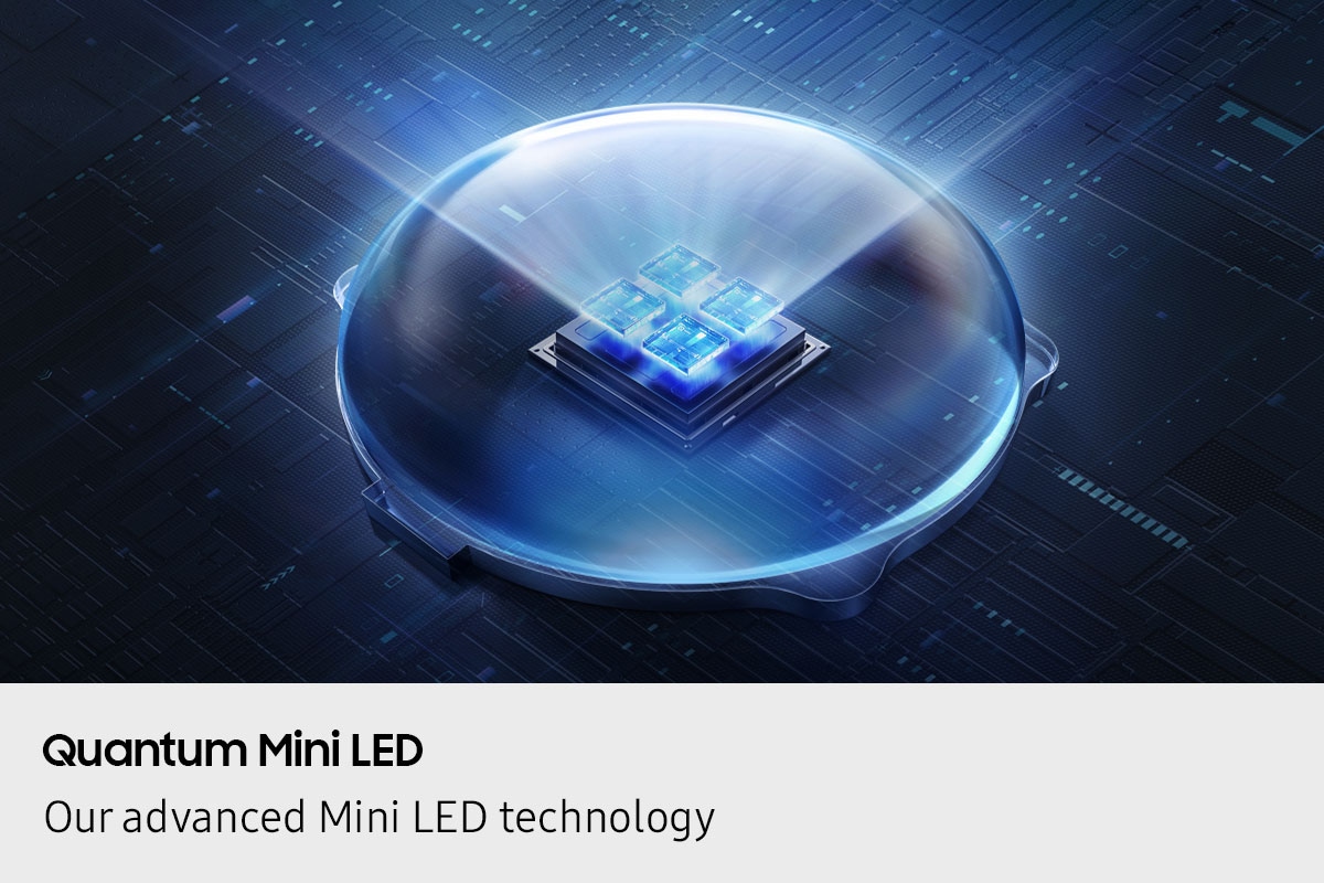 Inside a clear dome, four Mini LEDs are on display. The LEDs pop up and glow blue, emitting a beam of light that shines through the dome.