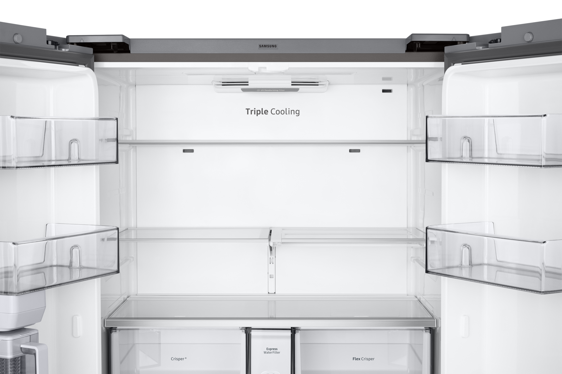Refrigerator interior with shelves, door bins, and Triple Cooling label
