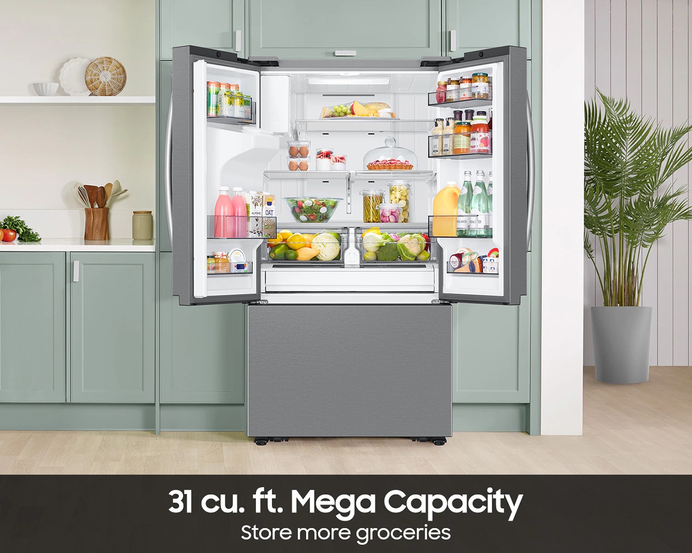 Bespoke AI 3-Door French Door Refrigerator RF60 Jumbo Mega Capacity External Water & Ice Dispenser 31 cu.ft. Silver