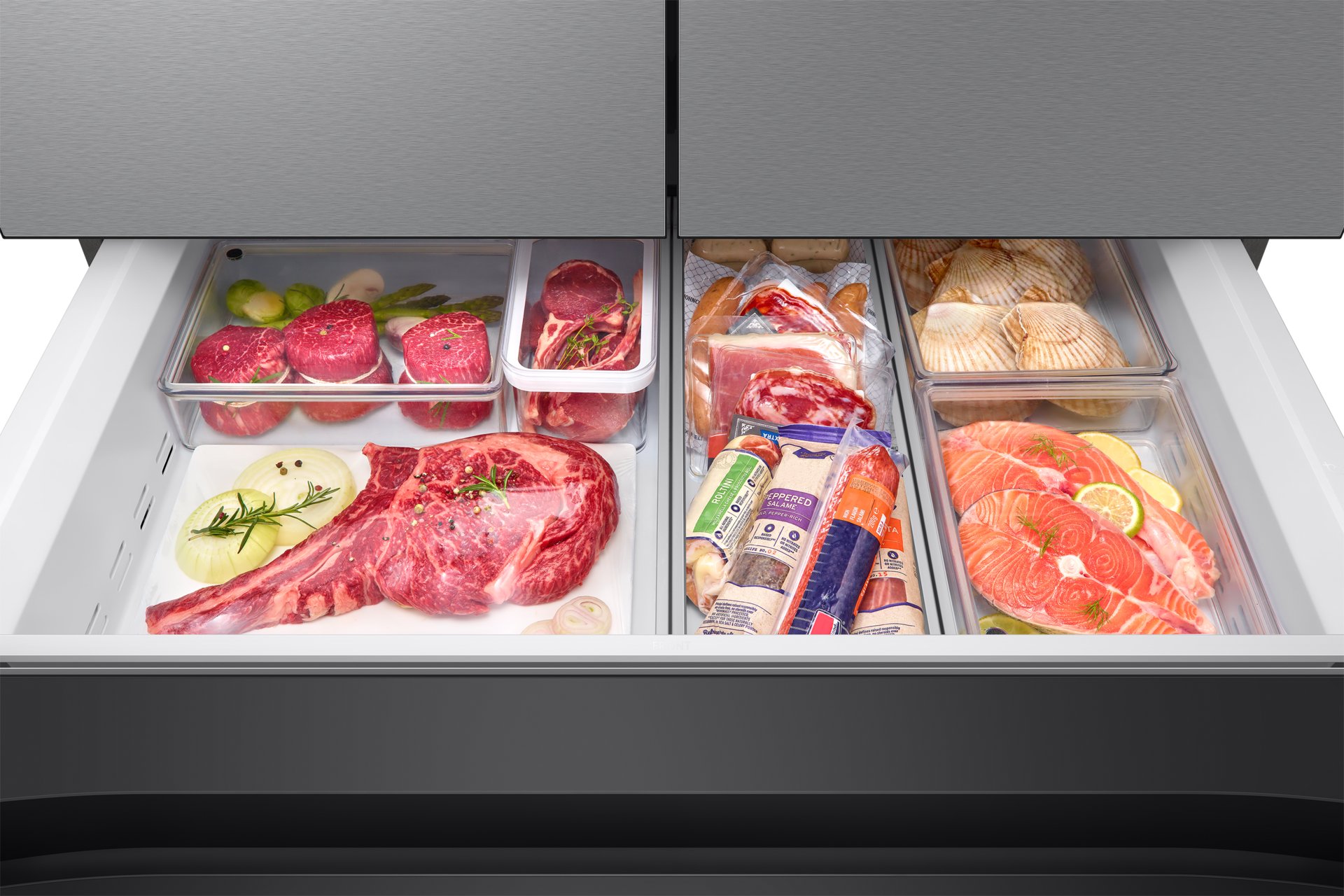 RF90F/36 French Door Refrigerators with Dual Auto Ice Maker Mid-Drawer-Open-Meat-Fish Stainless Steel 