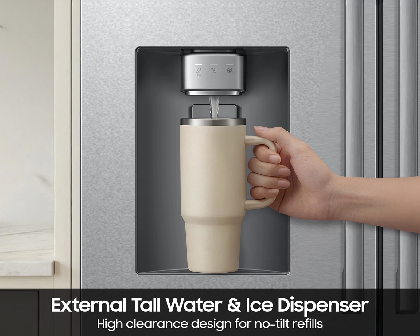 Bespoke AI 3-Door French Door Refrigerator RF70 Host Zero Clearance Fit External Water & Ice Dispenser 24 cu.ft. Silver