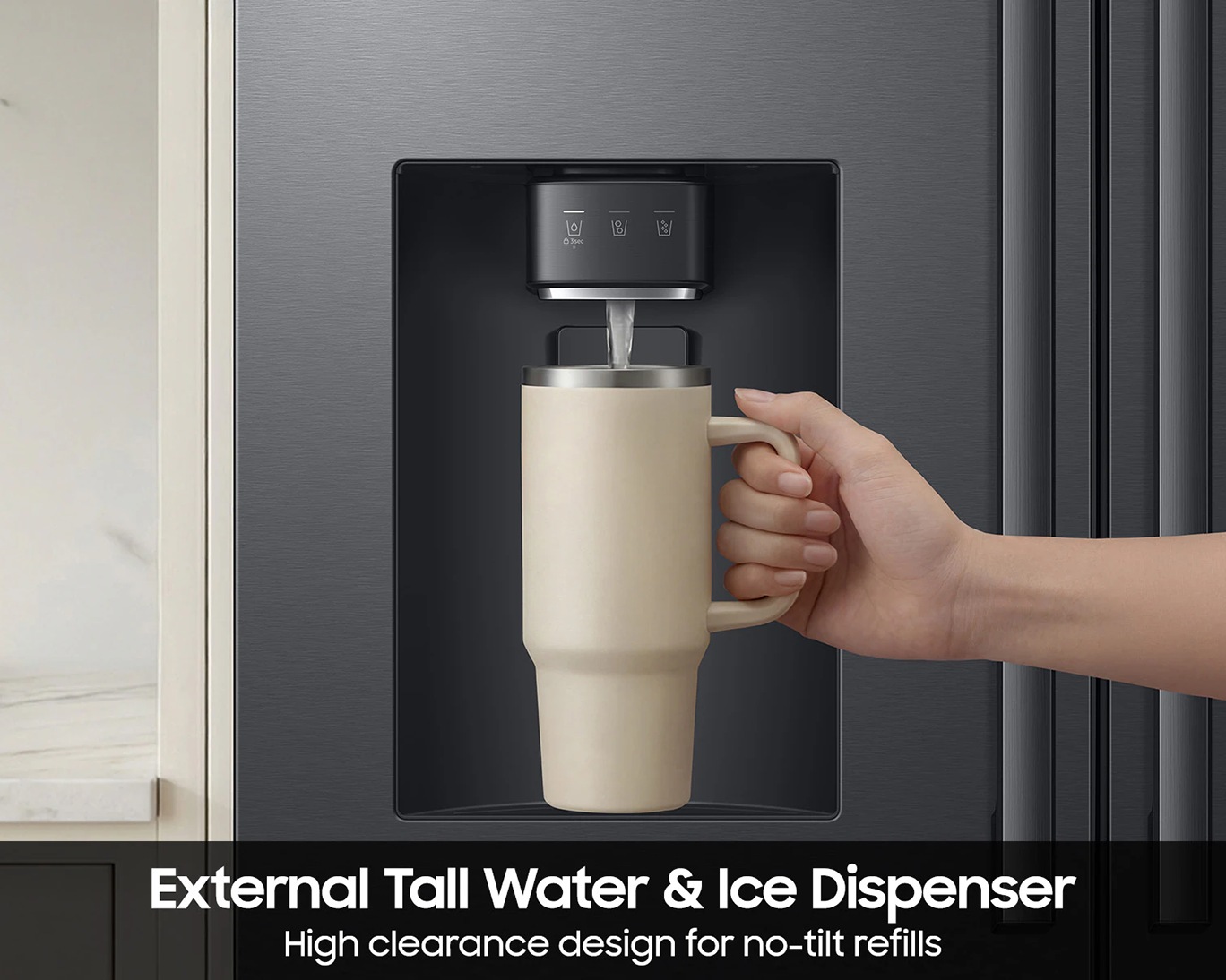 Bespoke AI 3-Door French Door Refrigerator RF70 Glam Zero Clearance Fit External Water & Ice Dispenser 29 cu.ft. Black