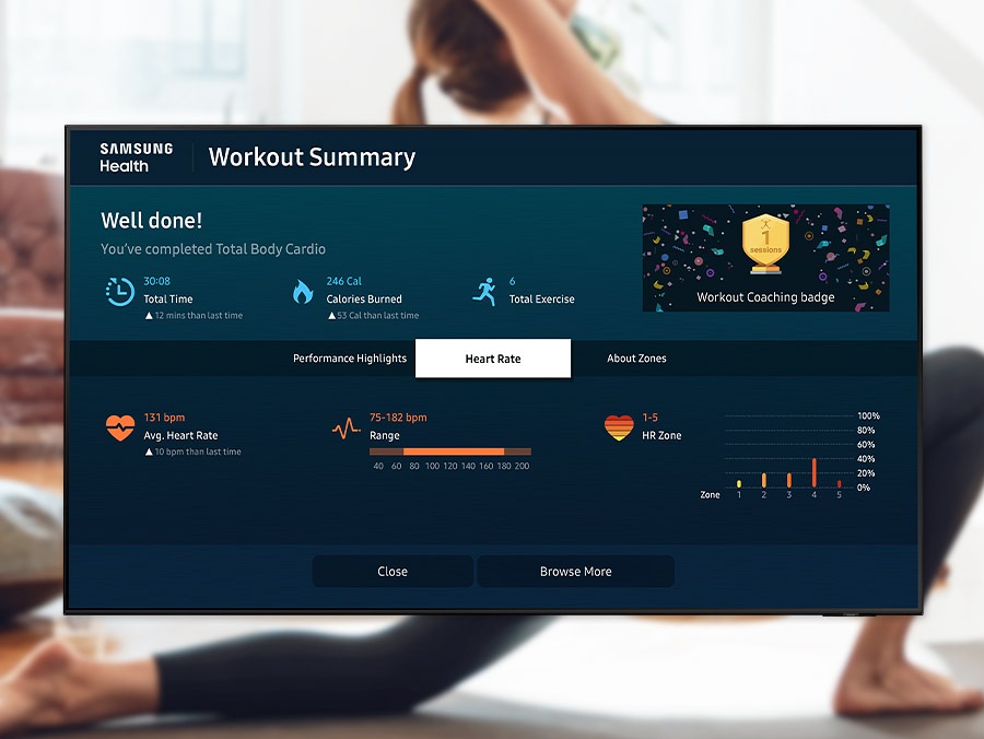 The Samsung Health dashboard shows completed workout summary that says well done, workout coaching badge, performance highlights, heart rate and more.