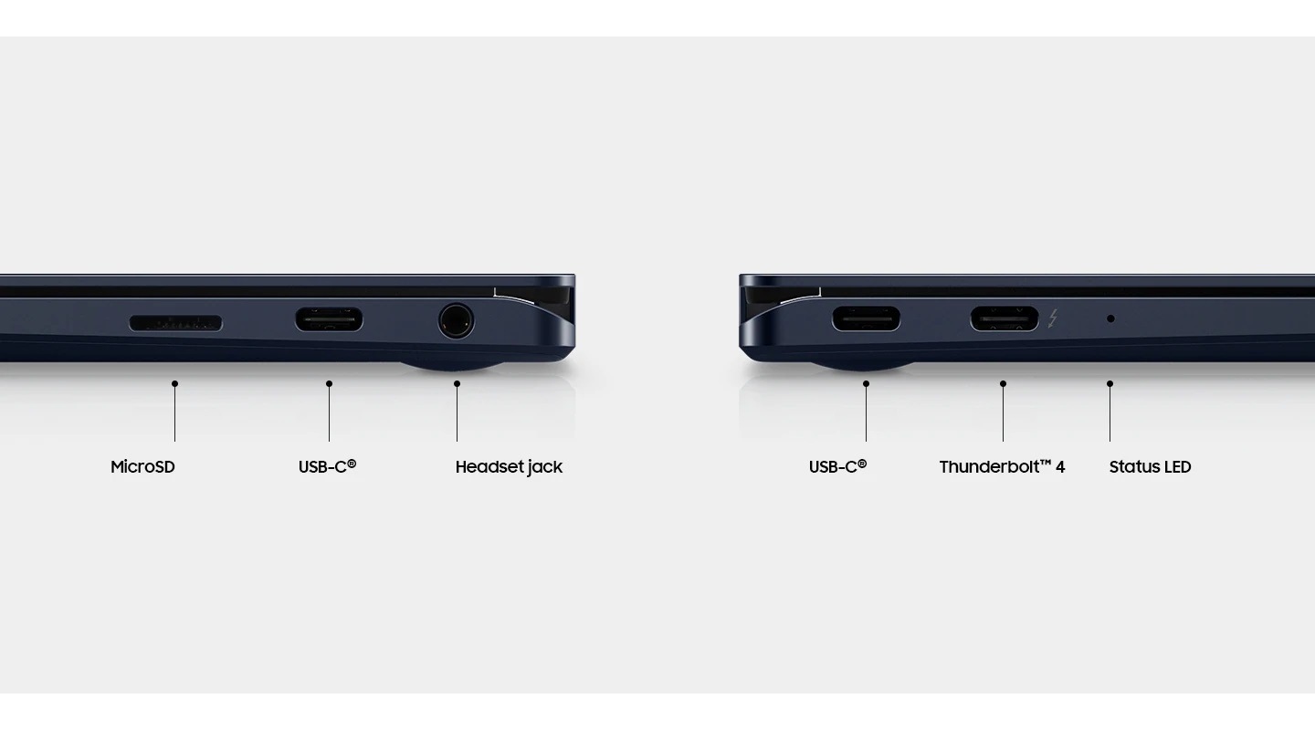 Számos különféle port látható, köztük egy memóriakártya-nyílás, USB-C, Headset Jack, Thunderbolt ™ 4 és Status LED, magas szintű sokoldalúságot és kényelmet kínálva