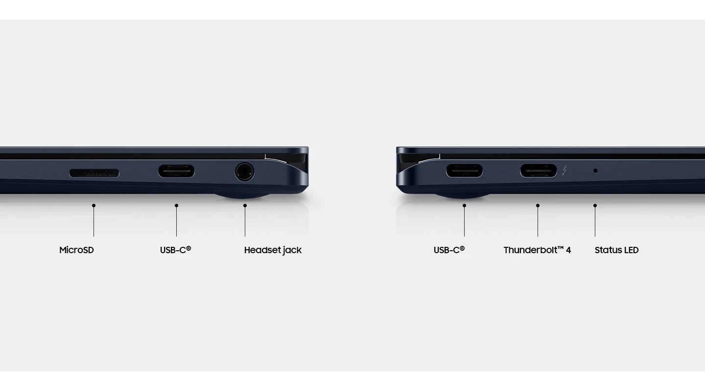 Várias portas diferentes mostradas, incluindo um slot para cartão de memória, USB-C, fone de ouvido, Thunderbolt ™ e LED de status, oferecendo um alto nível de versatalidade e conveniência