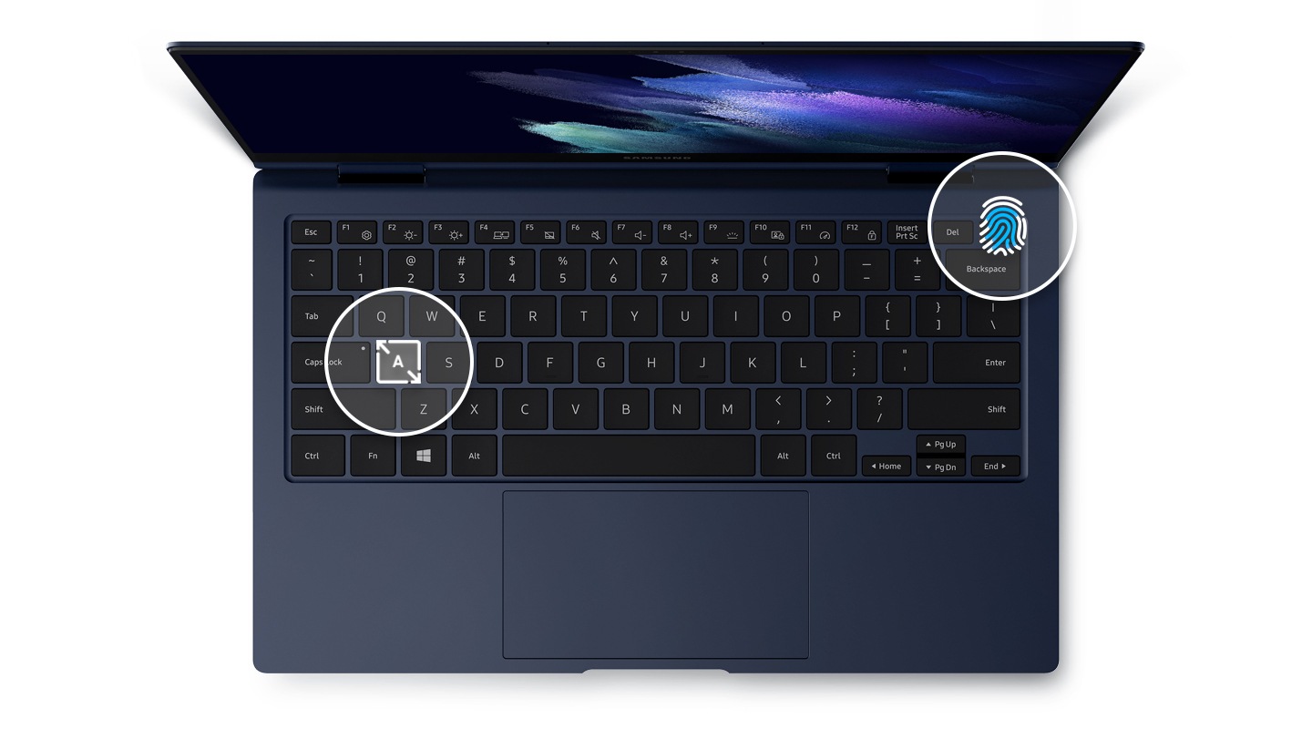 O teclado do Galaxy Book Pro 360 com um ícone de impressão digital mostrando o sensor biométrico em detalhes. As setas ao redor do touchpad são direcionadas para o exterior para indicar o tamanho aumentado do touchpad. Acima da tela, há ícones de impressão digital e toques amplos