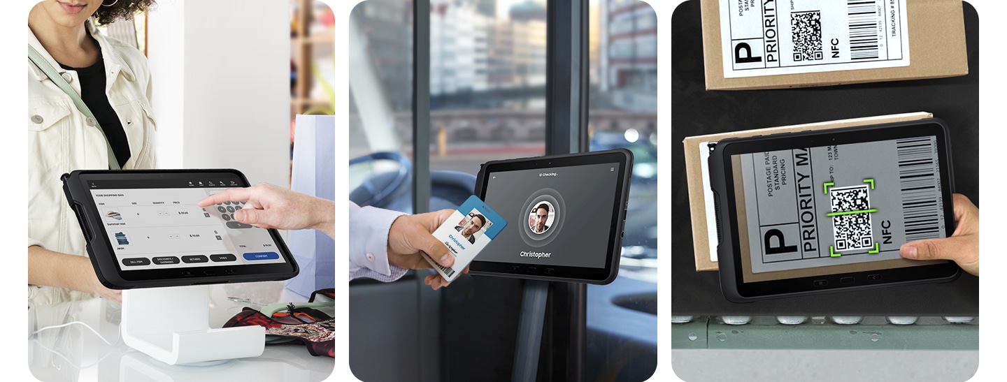 Various people using the NFC-enabled Galaxy Tab Active4 Pro to process payments in shops, verify employee ID and scan barcodes on mail packaging