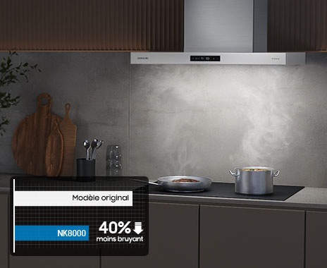 At night, pots and pans are boiling on the cooktop with smoke and the NK8000 is operating. NK8000 reduces noise by up to 25% than original model.