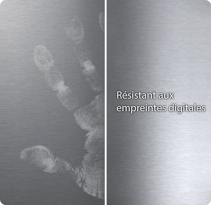 Shows how the surface of the dishwasher stays free of fingerprints and smudges compared to a normal dishwasher.