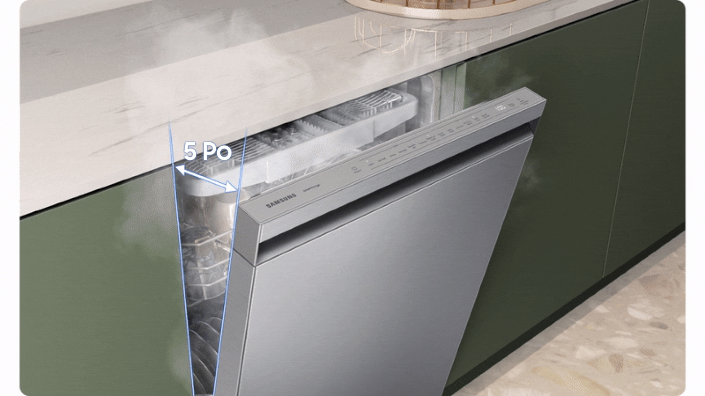 Shows how the dishwasher door automatically opens 5 inches at the end of a cycle to allow steam to escape.