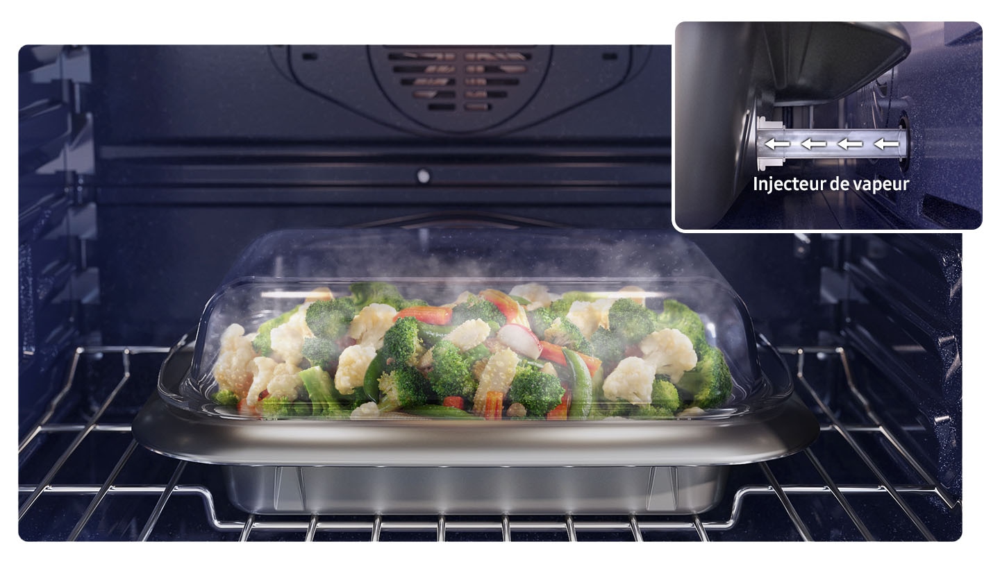 Vegetables are fully cooked in a steam-specific container. It shows the steam inlet located in the top right corner.