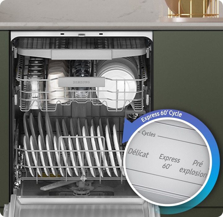 Shows plates, dishes, cups washed inside the dishwasher. It washed with the Express 60' Cycle.