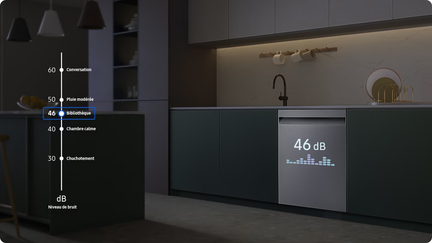 Shows the dishwasher in a modern kitchen working smoothly and quietly at night. Illuminated text on the front shows that it generates just 46dB of sound. A chart of typical noise levels shows that conversation is 60dB, moderate rainfall is 50dB, quiet room is 40dB and whisper is 30dB. DW5000C is as quiet as a Library, which has a noise level of 46dB.