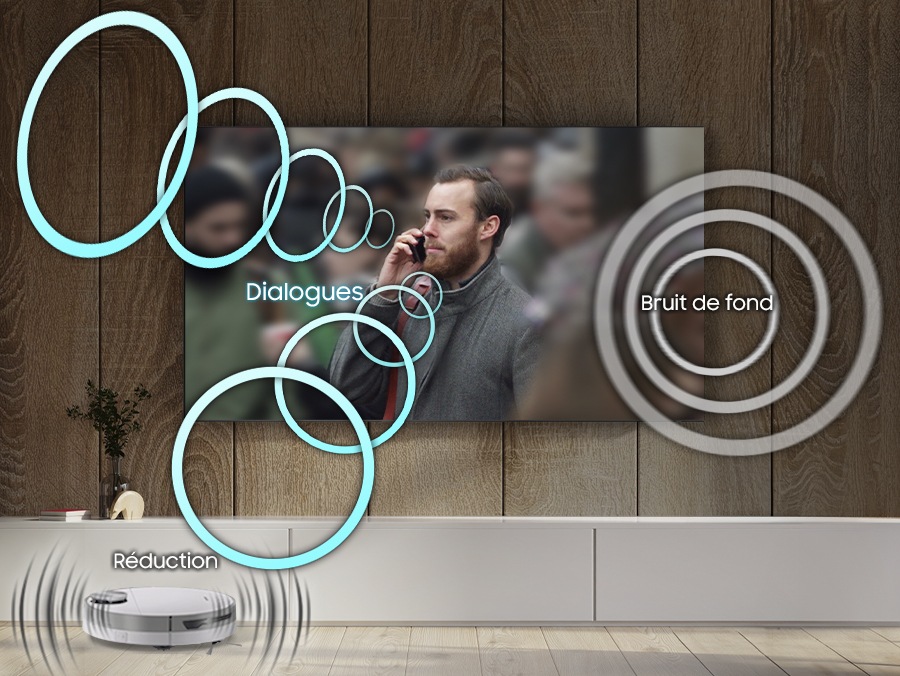 An onscreen character's "dialogue" is isolated and optimized by Active Voice Amplifier Pro, so it's easy to hear even with "noise" from a robot vaccum cleaner in the room and "background sound" in the scene.
