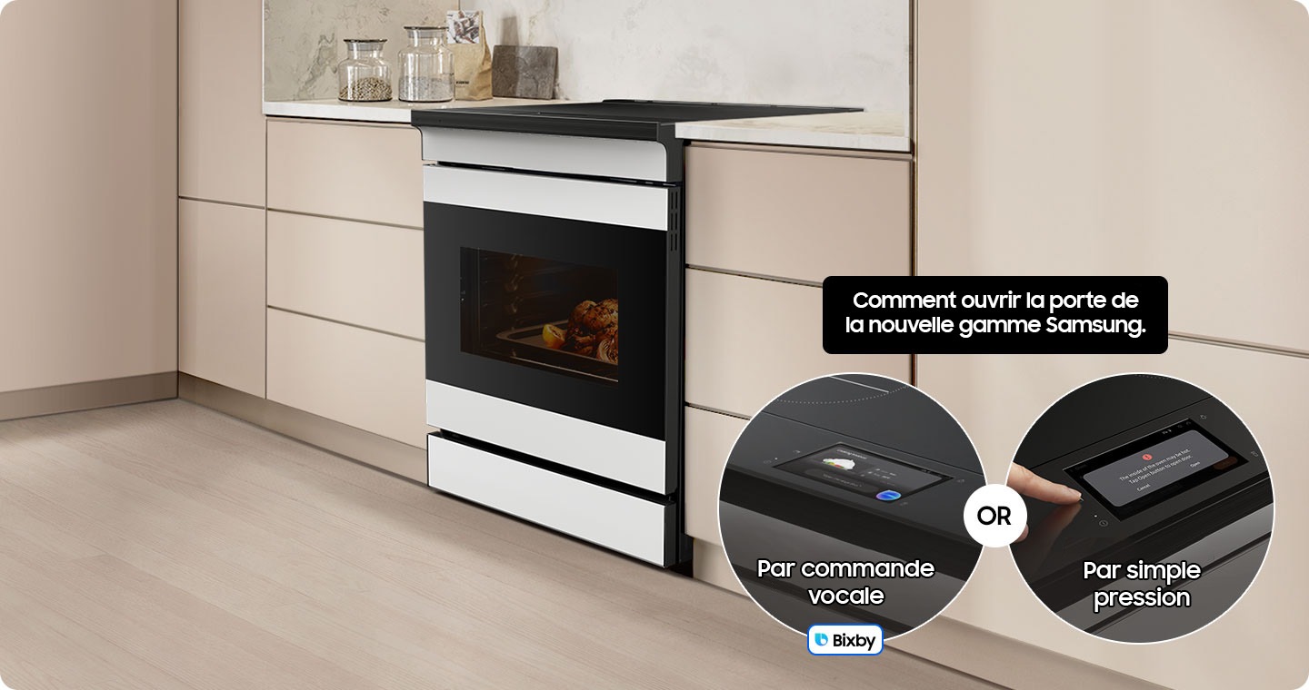 An induction range door opens automatically and explains how to open the door of the new Samsung range: with a voice command** using Bixby, or simply touch* the control panel.