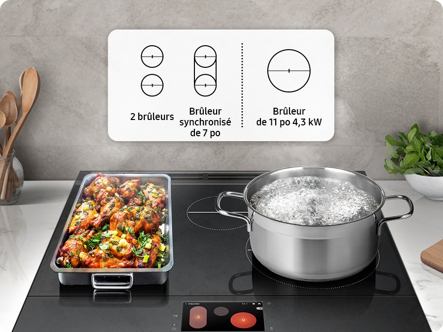 An induction range cooktop has four burners. The one 11-inch 4.3 kW burner is on the right. Two other burners are on the left and can work together as a 7-inch sync burner. Chicken on the sync burner, while a pot of water boils on the right.