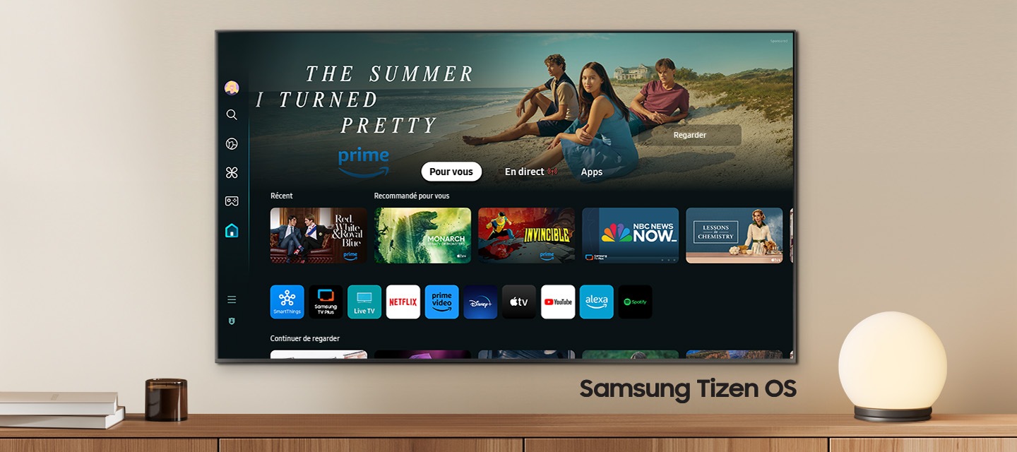 A wall-mounted TV shows popular apps and curated content on the home menu. "Samsung Tizen OS"