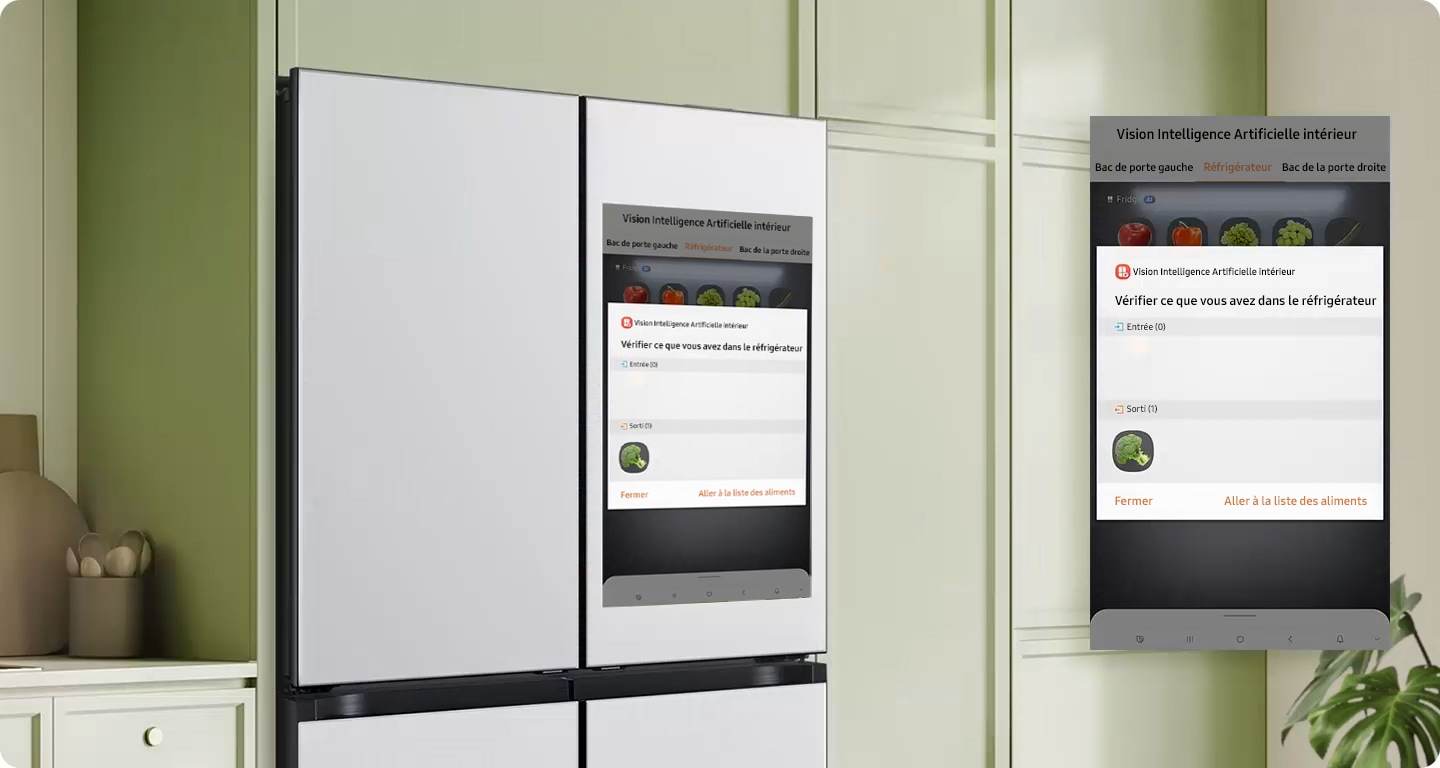 A Bespoke refrigerator filled with fresh ingredients. As the woman adds an apple to the fridge, AI Vision Inside detects the new inventory. She notices broccoli that's about to expire and takes it out of the fridge. AI Vision Inside tracks that the broccoli has been removed.