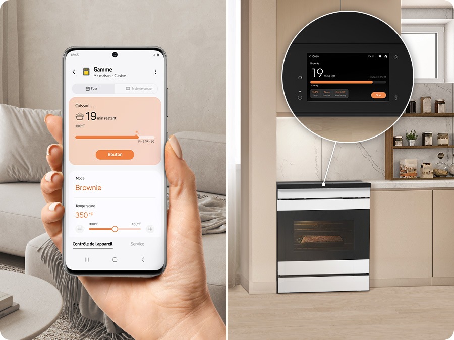 A closeup of SmartThings Cooking Mode on a phone screen and on an Induction range's 7" LCD screen indicate remaining cooking time. 