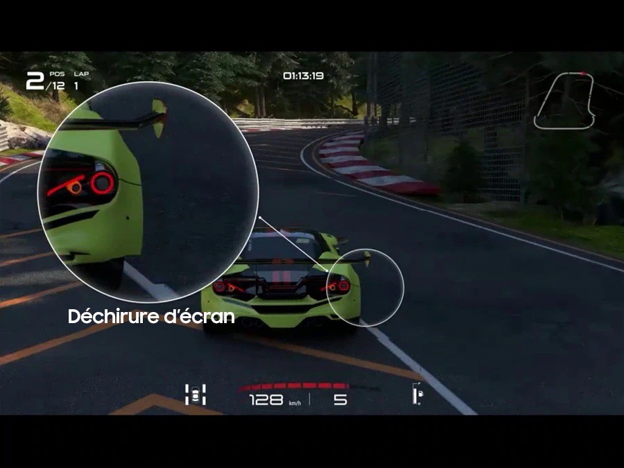 A comparison of the same 2 cars in motion are on display. The left side has a lot of stutter while the right side runs smoothly. The AMD FreeSync Premium Pro logo is on the upper righthand side.