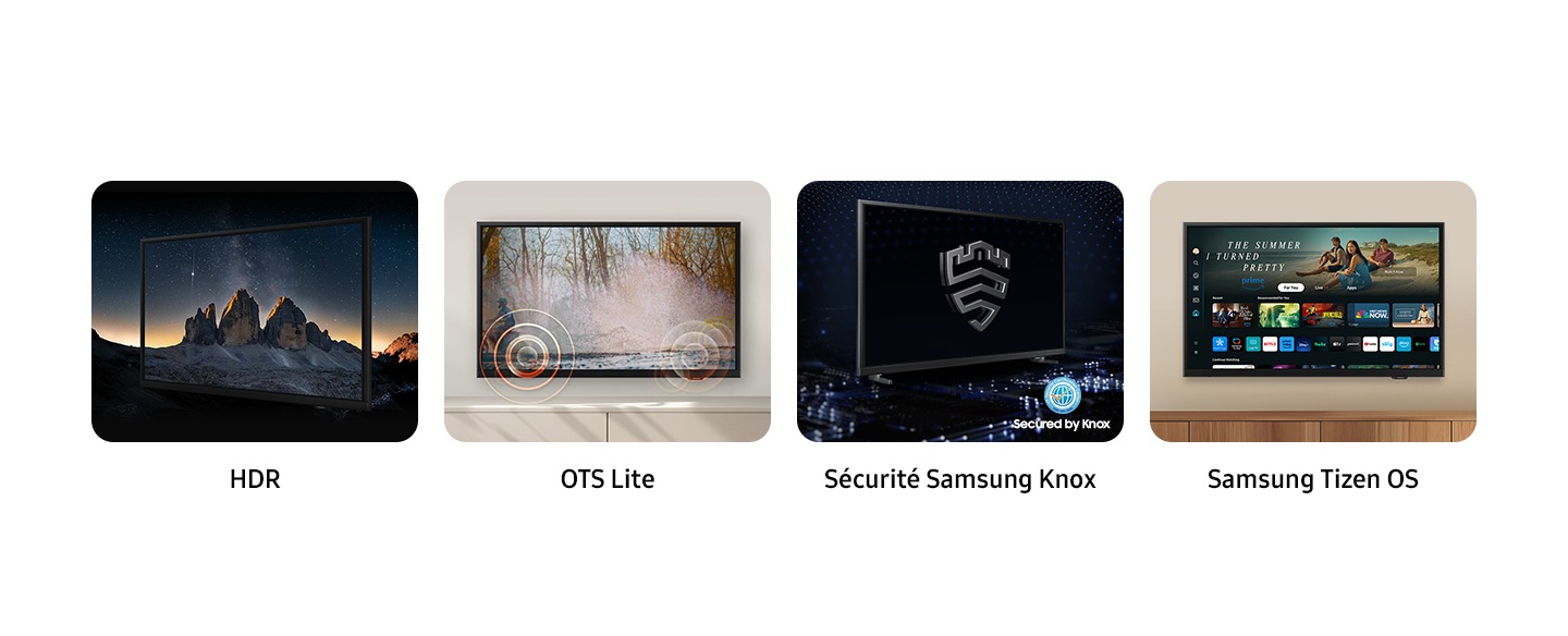 HDR, OTS Lite, Samsung Tizen OS and Samsung Knox with a Secured by Knox logo are shown as the key features for this TV. HDR makes a nighttime scene of mountains look clear and vivid, OTS Lite plays sound waves on screen, Samsung Tizen OS displays entertainment and streaming options and Samsung Knox displays the Samsung Knox logo on a black screen.