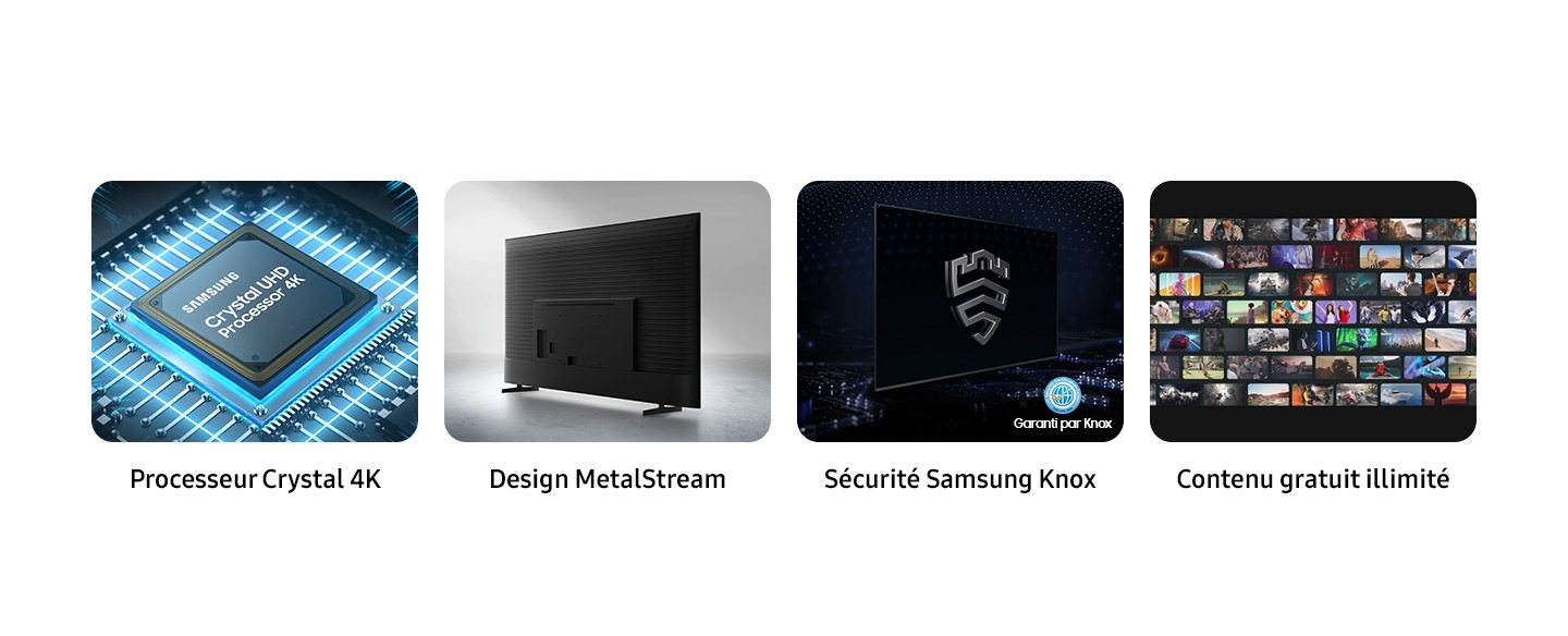 The key features are Crystal Processor 4K, MetalStream Design, Samsung Knox Security and Endless Free Content. The Samsung Crystal UHD Processor 4K chip is set on a TV main board. The back of a MetalStream Design TV is shown with a ridged pattern. The Samsung Knox logo is on a TV screen, with a Secured by Knox logo to the corner. Various streaming options are shown in an array for Endless Free Content.