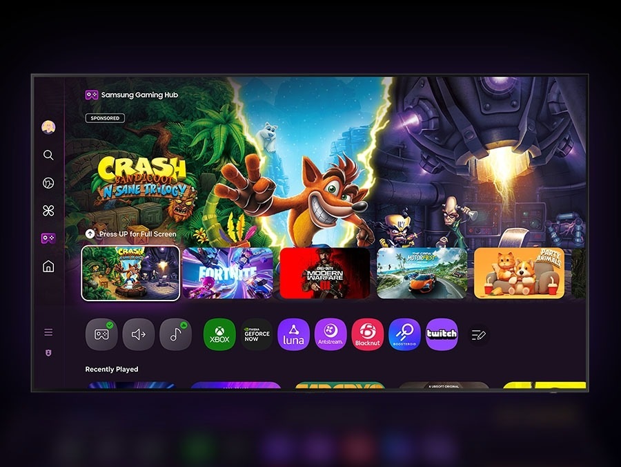 Un téléviseur affiche l’écran d’accueil de Centre de jeux vidéo Samsung, qui offre des options de diffusion en continu et de jeux.