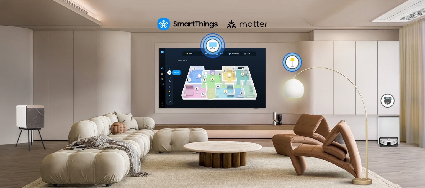 Le téléviseur du salon montre l’écran SmartThings. Logos SmartThings et Matter. Des icônes apparaissent sur les appareils connectés. Zoom avant sur les émissions de télévision SmartThings dans différentes pièces. Concentrez-vous sur l’état de la lumière. Il passe de Off à On. L’écoute à l’aveugle passe de « Off » « Opened ». Faites un zoom arrière pour montrer le téléviseur affichant des renseignements sur la maison intelligente.