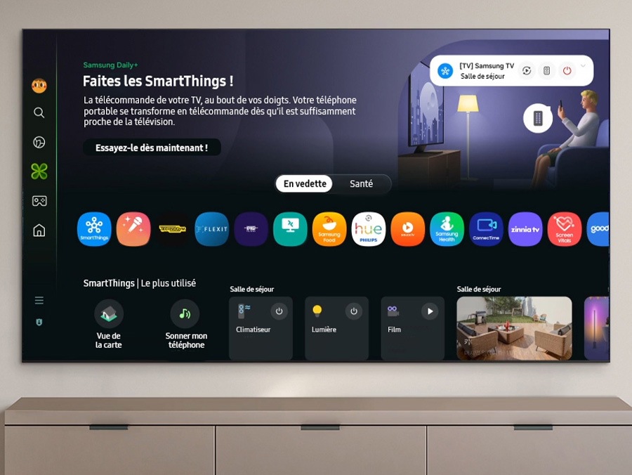 L’écran d’accueil de Samsung Daily+ affiche les applications et les services. L’écran défile vers le bas pour mettre en évidence les appareils intelligents les plus utilisés. L’écran défile vers le haut et montre la catégorie qui passe de la catégorie « En vedette » à la catégorie « Santé ». Défile vers le bas pour afficher les options de suivi des entraînements. L’option Galaxy Watch 6 est mise en évidence.