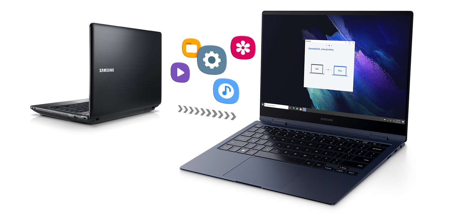 Una vecchia faccia per laptop sulla schiena a sinistra e il Galaxy Book Pro 360 di fronte alla parte anteriore. Cinque icone di programma e file che vanno dal vecchio laptop al Galaxy Book Pro 360 suggeriscono che un aggiornamento del Galaxy Book Pro 360 può essere fatto in modo semplice e rapido, usando Smart Switch