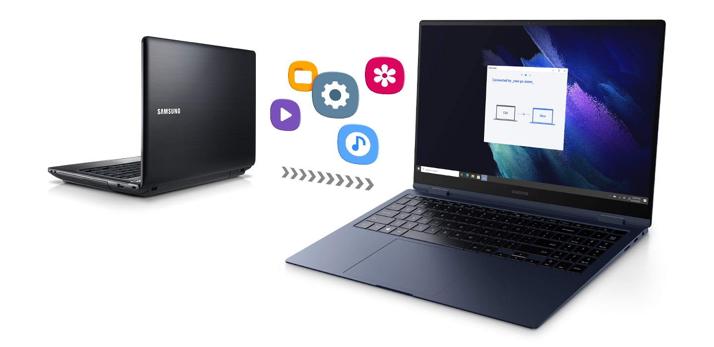 Una vieja computadora portátil de la parte posterior a la izquierda y el Galaxy Book Pro 360 frente al frente. Cinco iconos de programas y archivos que van desde la computadora portátil anterior al Galaxy Book Pro 360 sugieren que una actualización del Galaxy Book Pro 360 se puede hacer de manera simple y rápida, utilizando Smart Switch