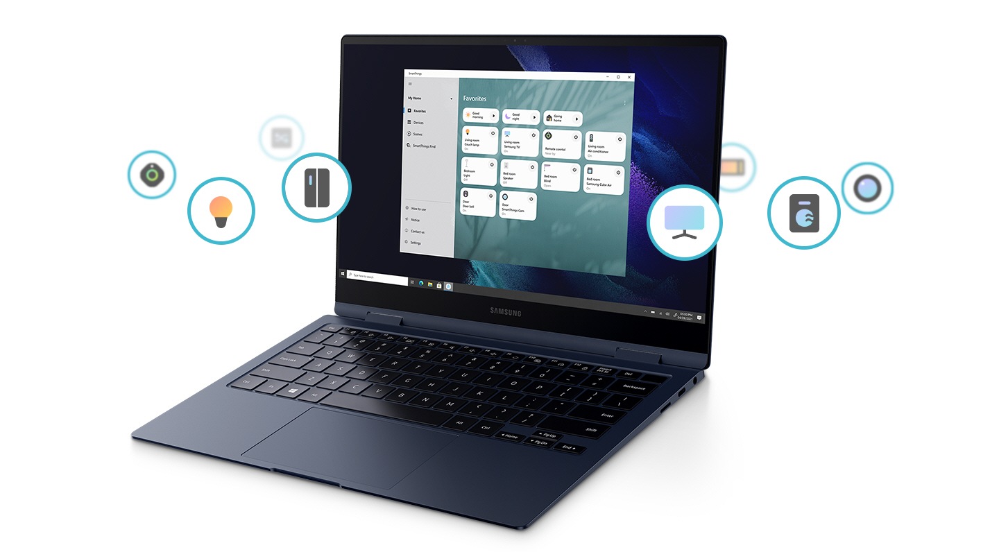 O laptop é cercado por vários ícones mostrando vários dispositivos IDO, como TV, iluminação, geladeira, lavadora e secadora. A tela da tela indica o programa no escritório em relação ao sistema SmartThings para uma vida útil conectada