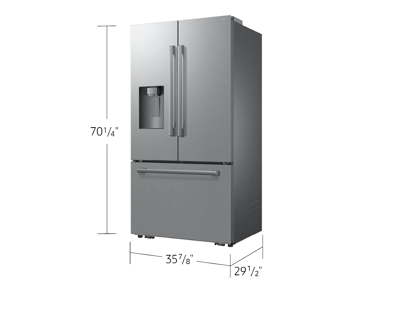 Réfrigérateur à portes françaises 3 portes RF70 Hôte | Ajustement sans dégagement | Distributeur d’eau et de glaçons extérieur 24 pi³ Argent