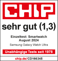 CHIP, Sehr gut, veröffentlicht am 12.08.2024 unter http://chip.de/CD166345 Samsung Galaxy Watch Ultra, Einzeltest.