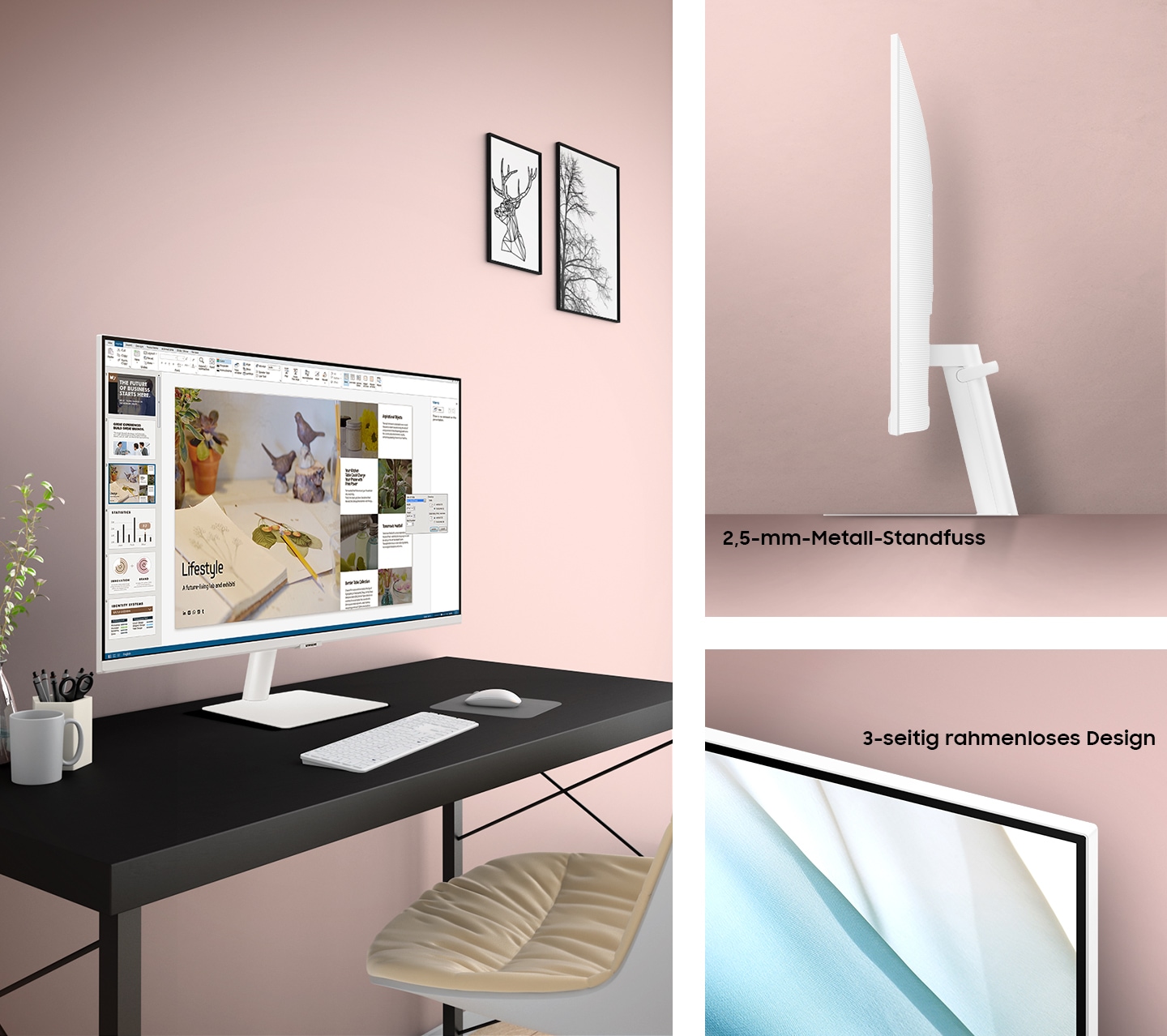 The M5 Monitor is on the desk. Sleek design is represented through the slim side. It shows a close-up of a slim metal stand, 3-sided borderless design.