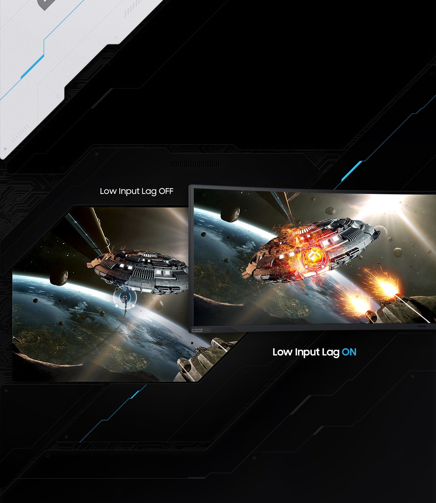 Two screens are shown side-by-side both with starships aiming their guns at another starship flying over an unknown planet. On the right the starship has successfully fired and shows †Low input Lag ON' but on the left the starship has yet to fire and shows †Low input Lag off.'