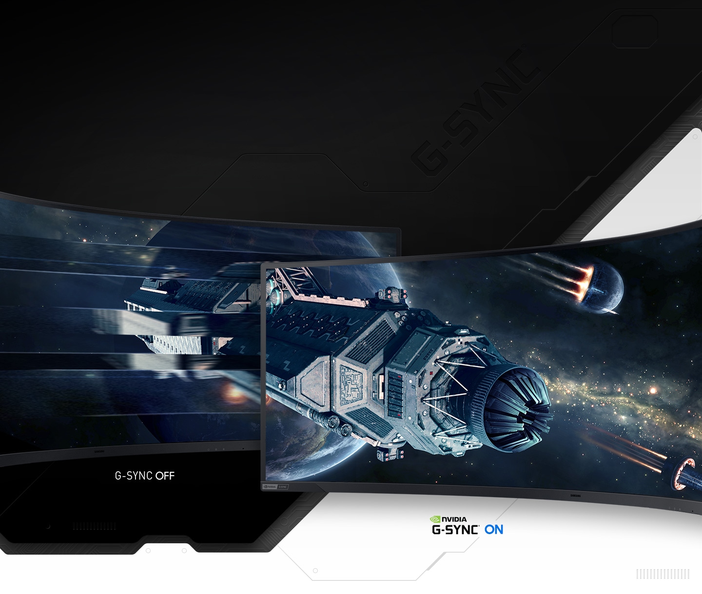 Two monitors are shown side-by-side with starships floating in space on both screens. One screen is shown with NVIDIA G-Sync on and displays a smooth ship movement while the other monitor is shown with G-Sync off and displays a scattered movement with tearing.
