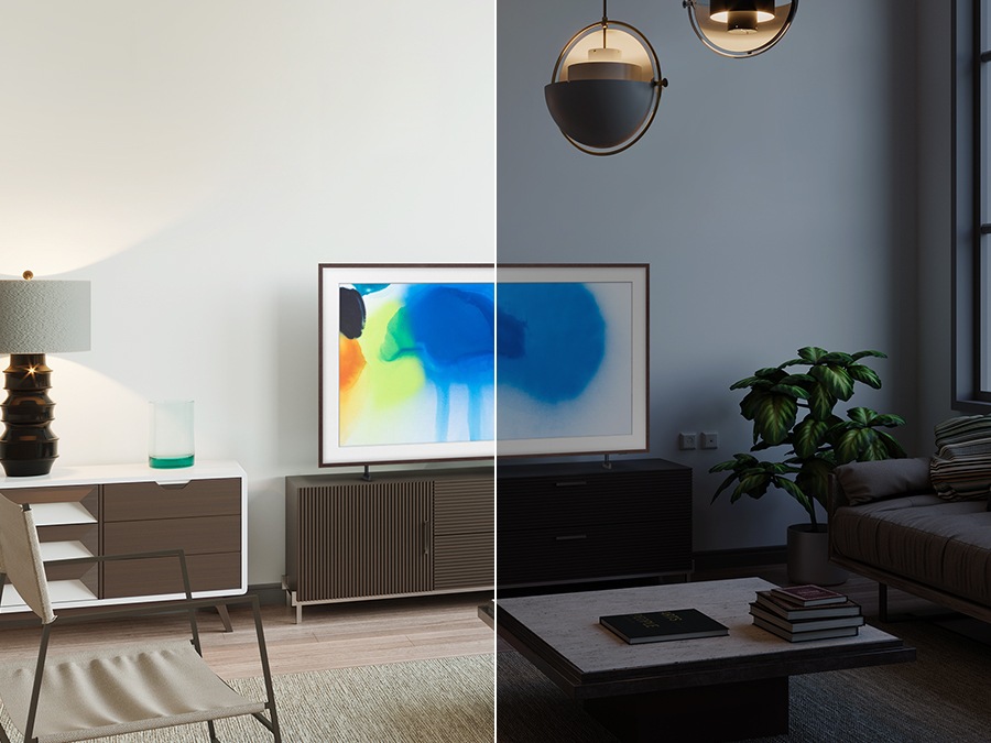 The Frame to the left side of the screen shows a bright artwork to reflect the bright surrounding. The Frame to the right side of the screen shows the same artwork in dimmer light adjusted to fit the darker surrounding.