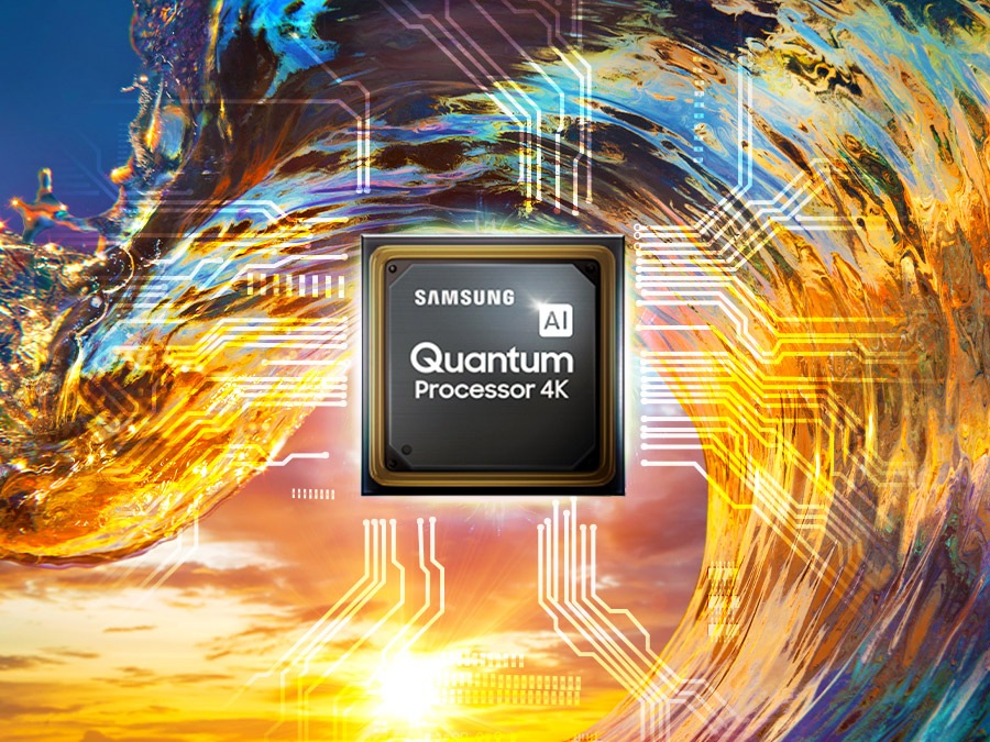 A Quantum Processor 4K chip is displayed with a colorful wave and sunset in the background.