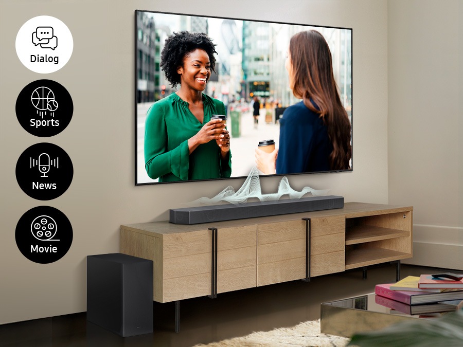 Eine TV -Anzeige ändert sich von Dialog, Sport, Nachrichten, Filmen und Soundbar zeigt verschiedene Audiowellen für jeden, um zu zeigen, wie sich die Soundbar an Stimmen in jedem Inhalt anpasst