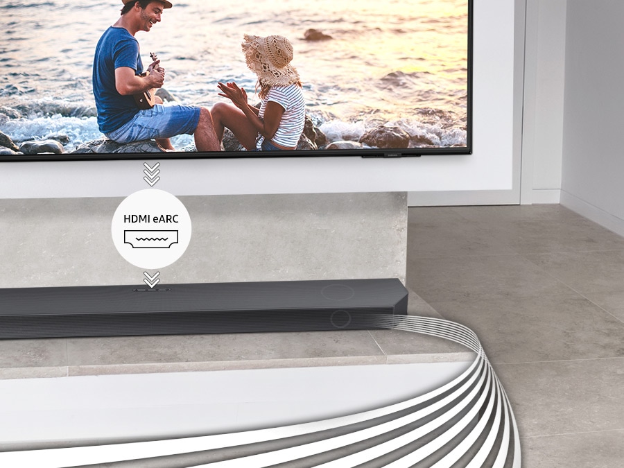 Os gráficos de ondas sonoras mostram som deixando o SoundBar. O infográfico HDMI EARC entre a TV e a barra de som indica que o som é reproduzido através da barra de som via dispositivo conectado à TV com o HDMI