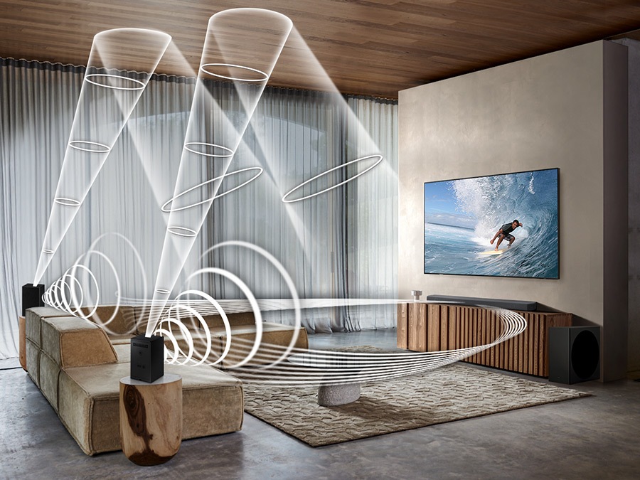 Soundwave -Grafiken spielen von Samsung Wireless Hecklautsprechers Kit und Soundbar und demonstrieren die Funktion des drahtlosen Sound -Soundkompatibiles von Samsung Soundbar