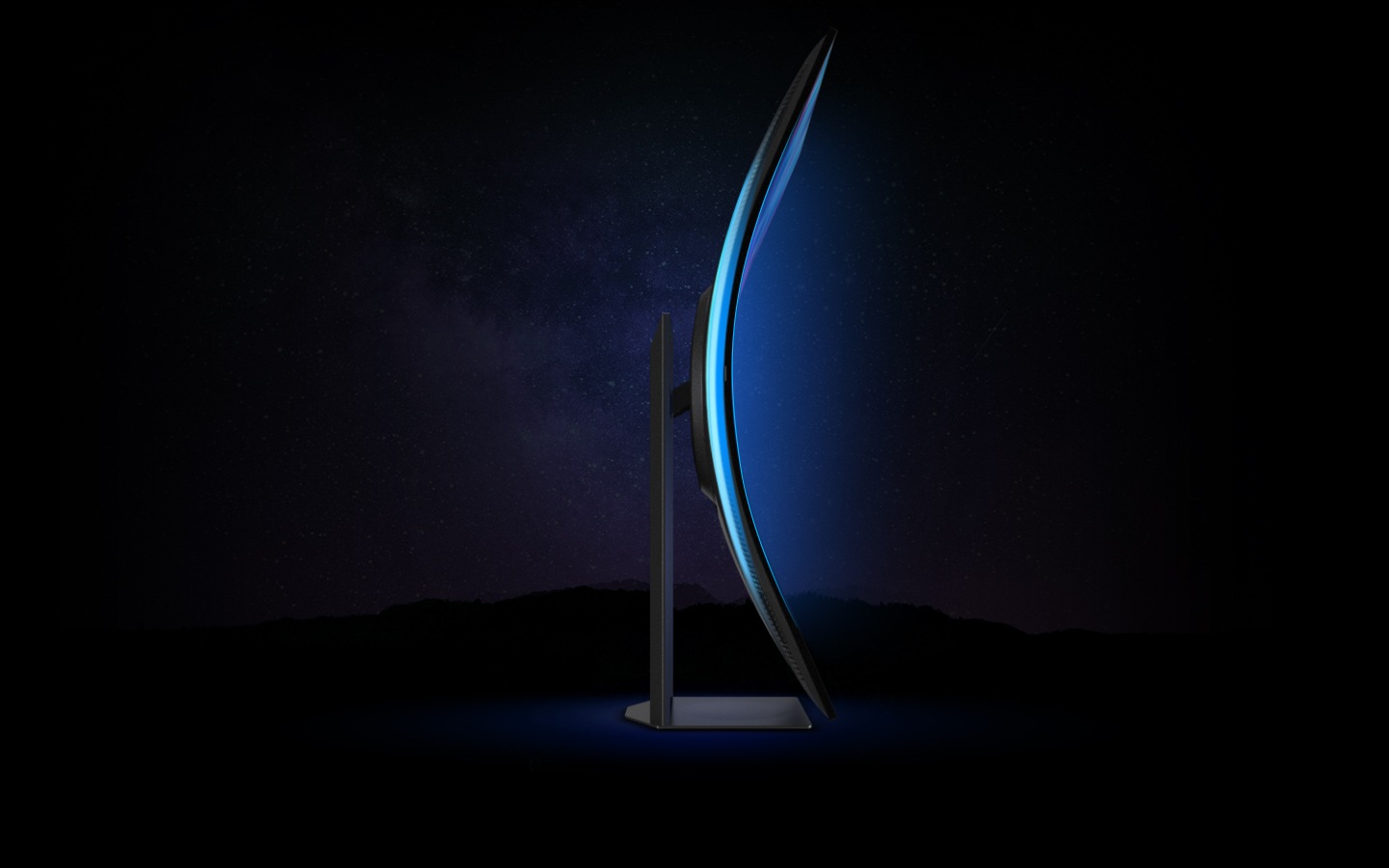 A monitor is on a desk with 4 sections on its screen. The monitor pivots from horizontal to vertical, before rotating to the right to show its Eclipse lighting on its side. The vertical screen is split into three sections - video, streaming and game.