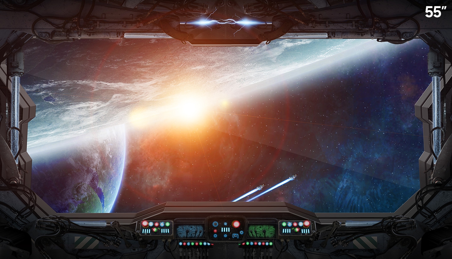 The sun is rising behind a planet on the left side of the screen, surrounded by a screen border which shows a spaceship windscreen. The monitor screen zooms out showing the change from 55 inches to 27 inches. The screen then moves up and down to demonstrate Flex Move Screen functionality.