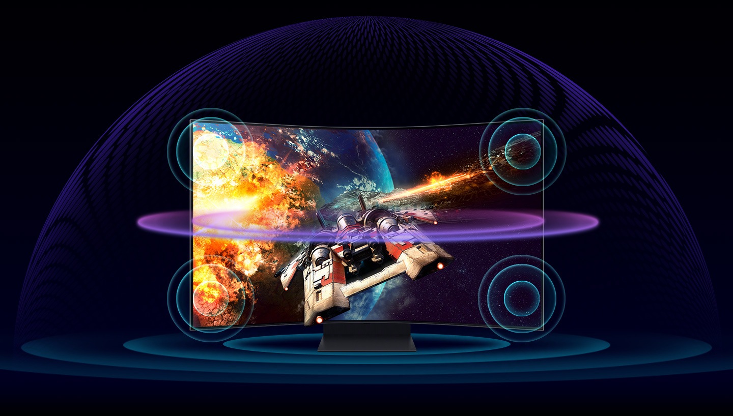 A rocket ship is flying toward a planet. Four marks appears with the words ""4 x speakers"" to show the position of speakers and after that, ""2 x woofers"" as the position of woofers highlighted. A translucent dome appears over the monitor with multiple circles appearing on each corner of the monitor