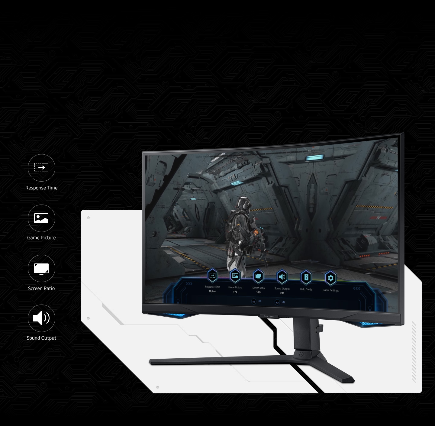 There's a gaming scene on the monitor. And at the bottom of the screen, there is a toolbar showing six icons, demonstrating the Game Bar feature. There're 4 game bar icons - response time, game picture, screen ratio and sound output.