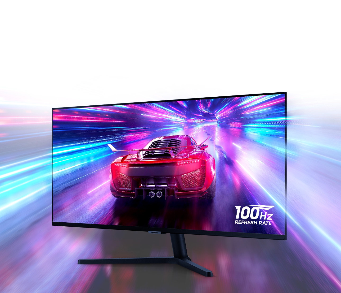 S50GC monitor shows a car speeding away from the camera in a multi-colored tunnel. The smooth picture even at high-speed demonstrates the 100Hz refresh rate.