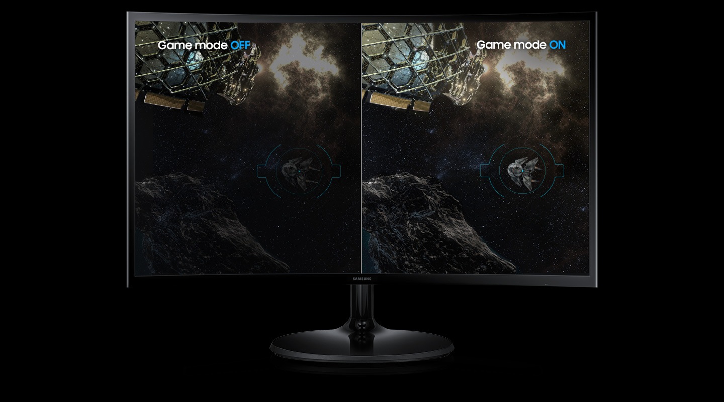 The game screen is displayed on the monitor. Left is Game mode OFF, right is Game mode On. In Game mode OFF, the screen is dark and the color is not clear, so it is difficult to see the target, but in Game mode On, the screen is bright and clear, so the target is accurately recognized.